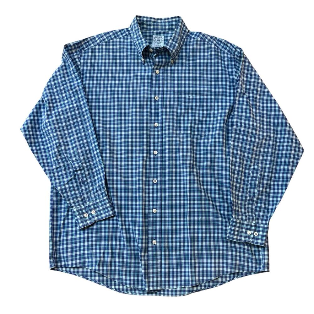 Brooks Bros Sport Shirt Royal & Aqua Blue Mini Plaid Poplin Button Down Large